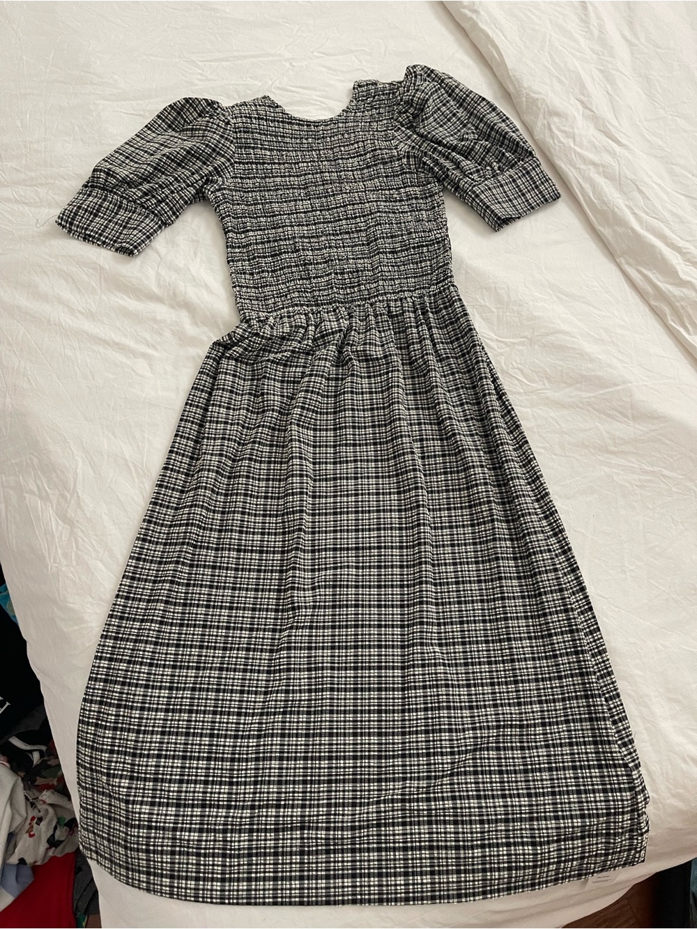 Ganni Black & White Plaid Puff-Sleeve Midi Dress